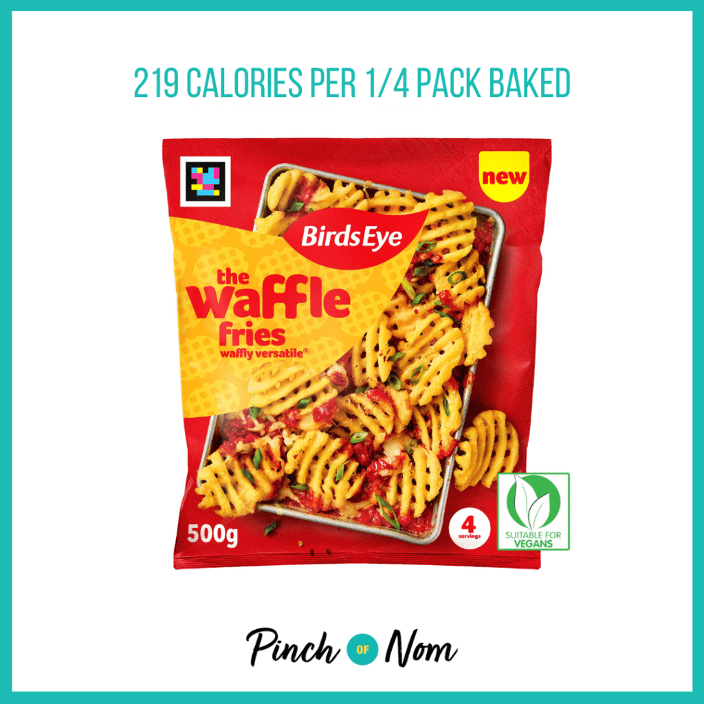 Birds Eye Potato Waffles Fries featured in Pinch of Nom's Weekly Pinch of Shopping with the calorie count printed above (219 calories per 1/4 pack baked).