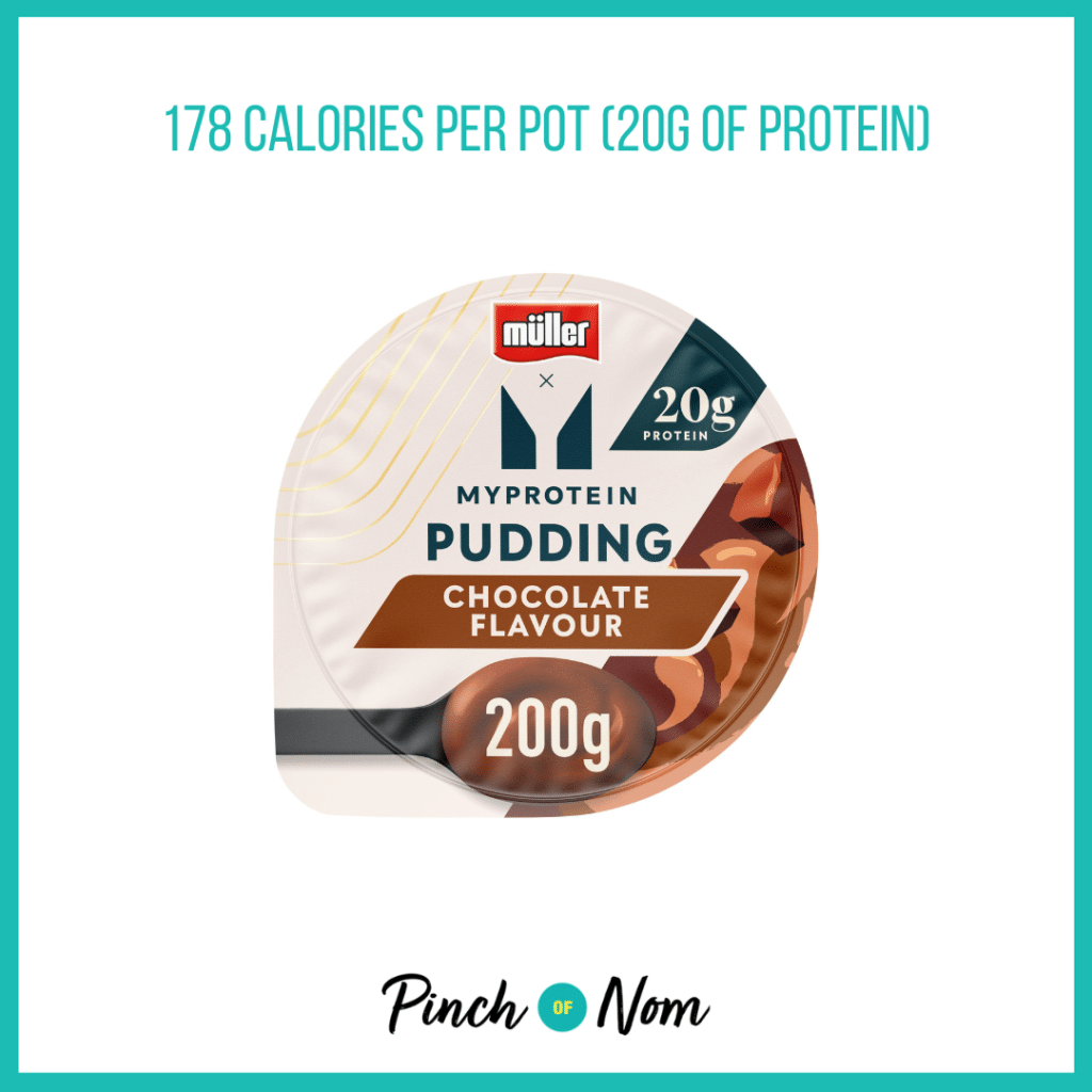 Muller Myprotein Chocolate Flavour Pudding Dessert featured in Pinch of Nom's Weekly Pinch of Shopping with the calorie count printed above (178 calories per pot with 20g protein).