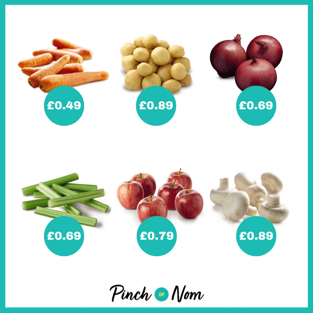 The fruit and veg selection from Aldi's Super 6, alongside their prices, featured in Pinch of Nom's Weekly Pinch of Shopping.