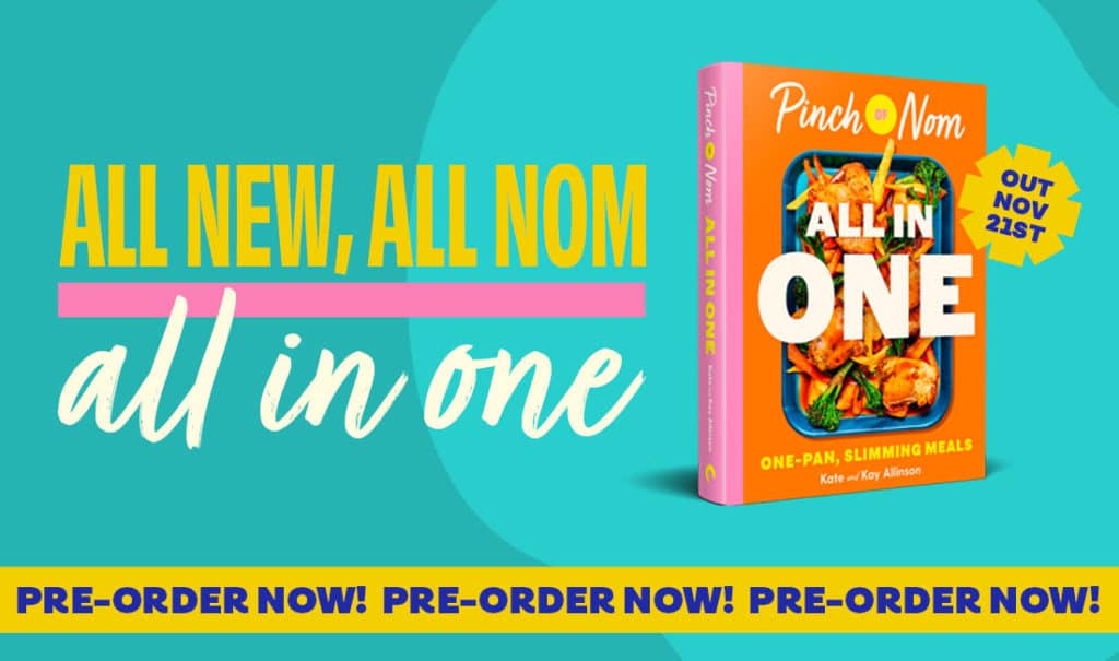 A banner advertising Pinch of Nom: All in One features an image of the book with its colourful front cover, and the strapline 'ALL NEW, ALL NOM, all in one' in bold letter against a colourful background. A banner runs across the bottom that repeats the exclamation, 'PRE-ORDER NOW!'.