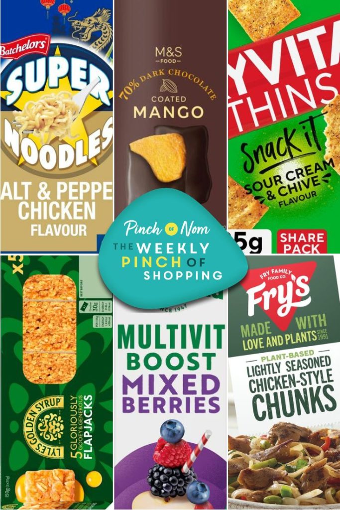 Six of the products from the Weekly Pinch of Shopping in a rectangle grid format. The top row features Batchelors Chinese Salt & Pepper Chicken Flavour Super Noodles, Ryvita Snack It Thins Sour Cream & Chive Flavour and M&S 70% Dark Chocolate Mango. The bottom row features Lyle's Golden Syrup Gloriously Gooey & Generous Flapjacks, Tropicana Multivitamin Boost Mixed Berries Juice and Fry's Plant Based Lightly Seasoned Chicken-Style Chunks. There is a logo at the centre of the image with The Weekly Pinch of Shopping in bold letters.