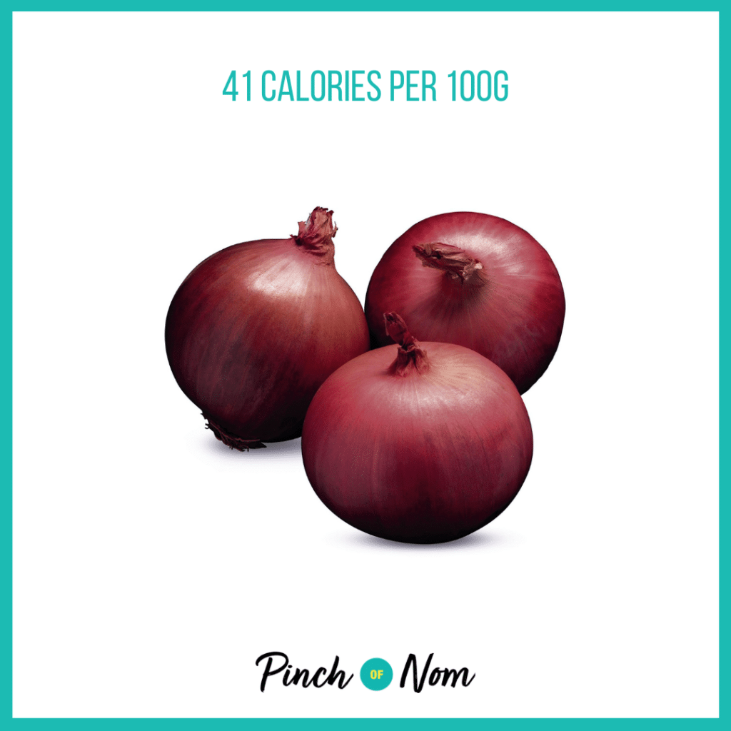 Red Onions from Aldi's Super 6 selection, featured in Pinch of Nom's Weekly Pinch of Shopping with calories above (41 calories per 100g).