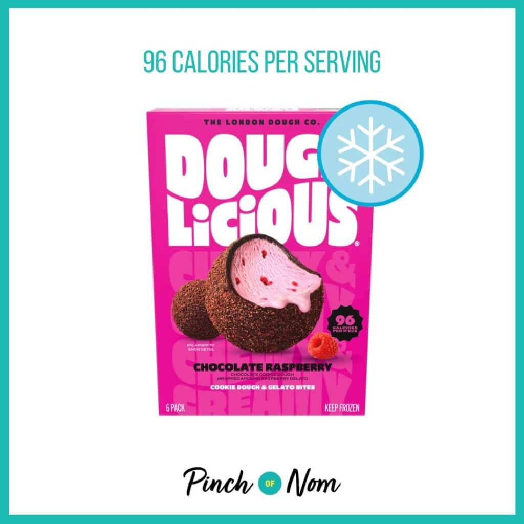 Doughlicious Chocolate Raspberry Cookie Dough & Gelato Bites featured in Pinch of Nom's Weekly Pinch of Shopping with the calorie count printed above (96 calories per serving).