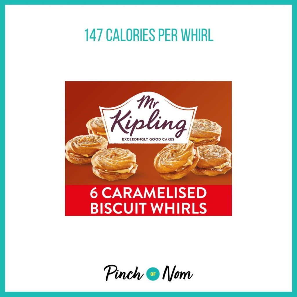 Mr. Kipling Caramelised Biscuit Whirls featured in Pinch of Nom's Weekly Pinch of Shopping with the calorie count printed above (147 calories per whirl).