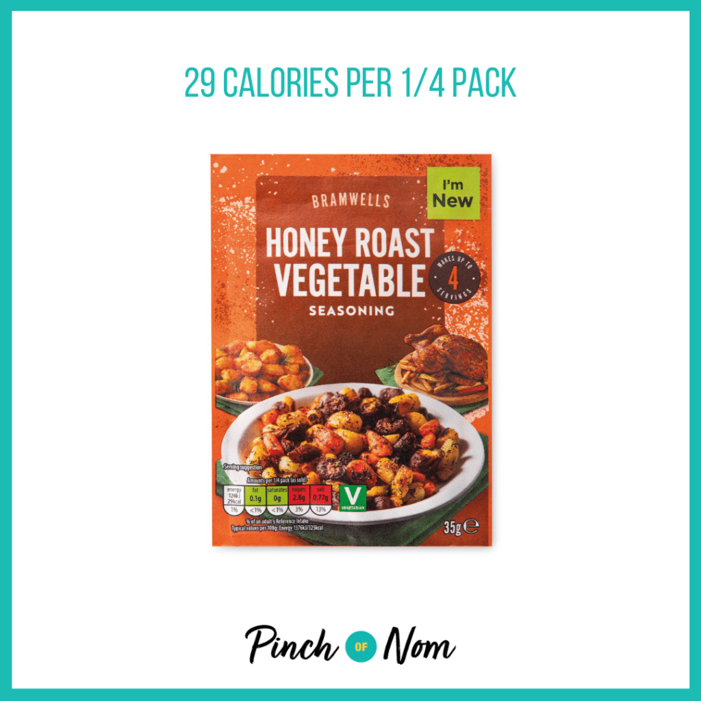 Bramwells Roast Vegetable Seasoning featured in Pinch of Nom's Weekly Pinch of Shopping with the calorie count printed above (29 calories per 1/4 pack).