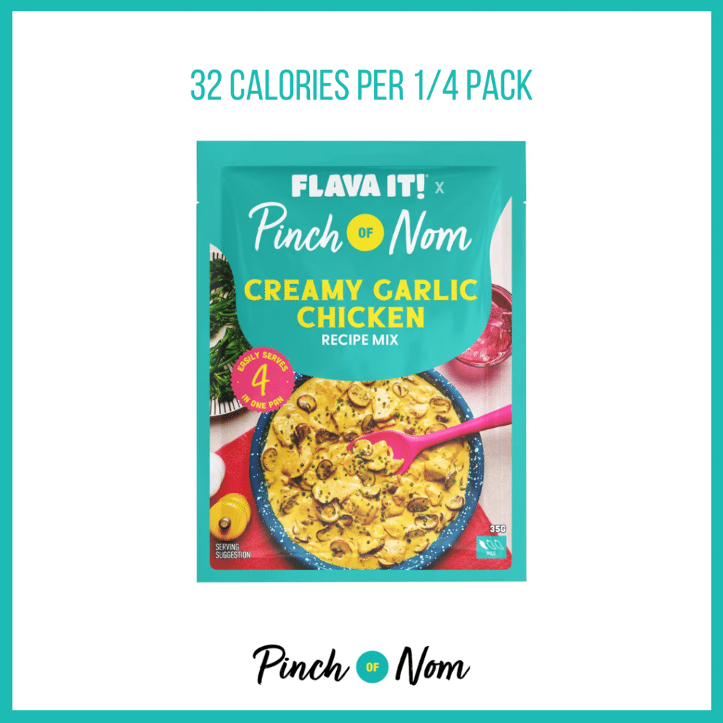 Pinch of Nom Creamy Garlic Chicken Recipe Mix featured in Pinch of Nom's Weekly Pinch of Shopping with the calorie count printed above (32 calories per 1/4 pack).