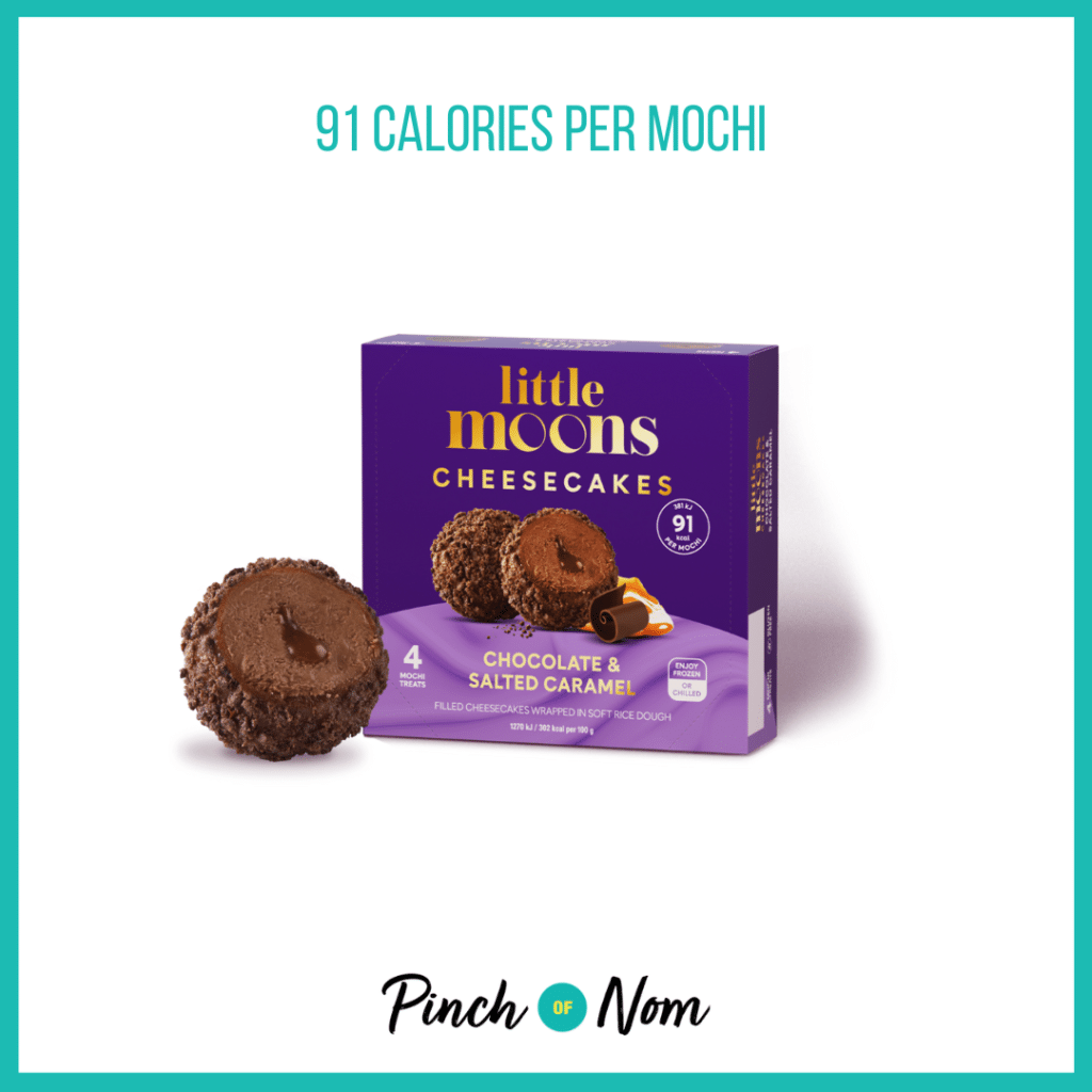 Little Moons Cheesecakes Chocolate & Salted Caramel featured in Pinch of Nom's Weekly Pinch of Shopping with the calorie count printed above (91 calories per mochi).