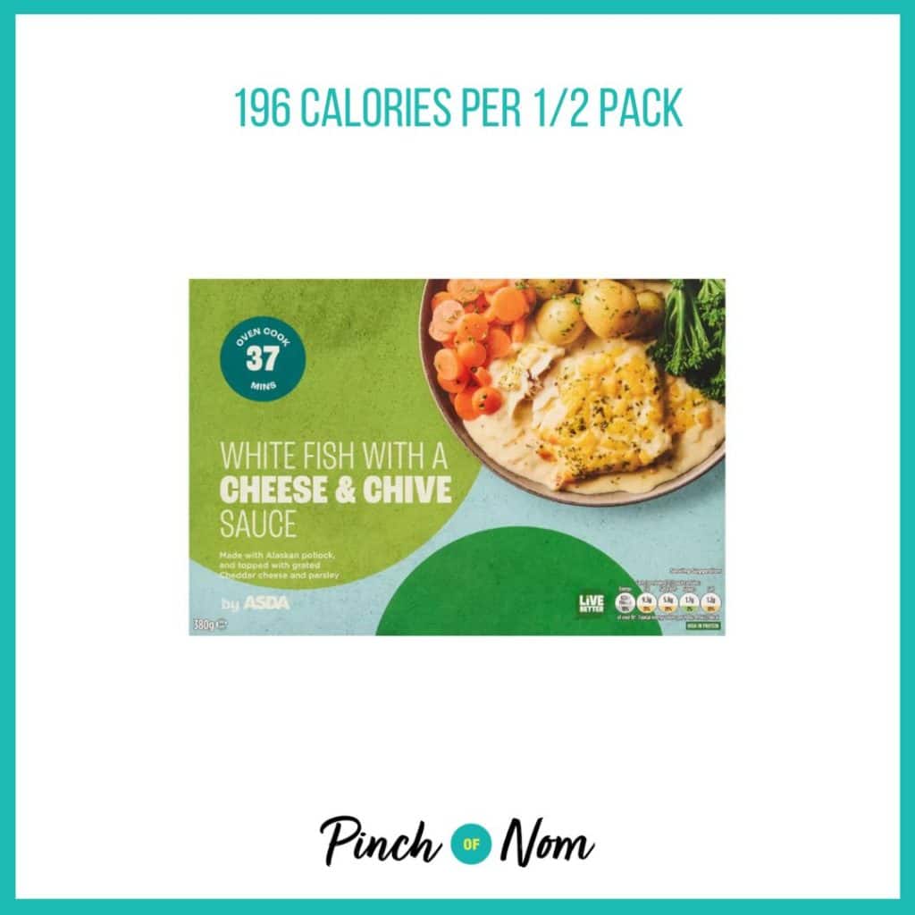 ASDA White Fish with a Cheese & Chive Sauce featured in Pinch of Nom's Weekly Pinch of Shopping with the calorie count printed above (196 calories per 1/2 pack).