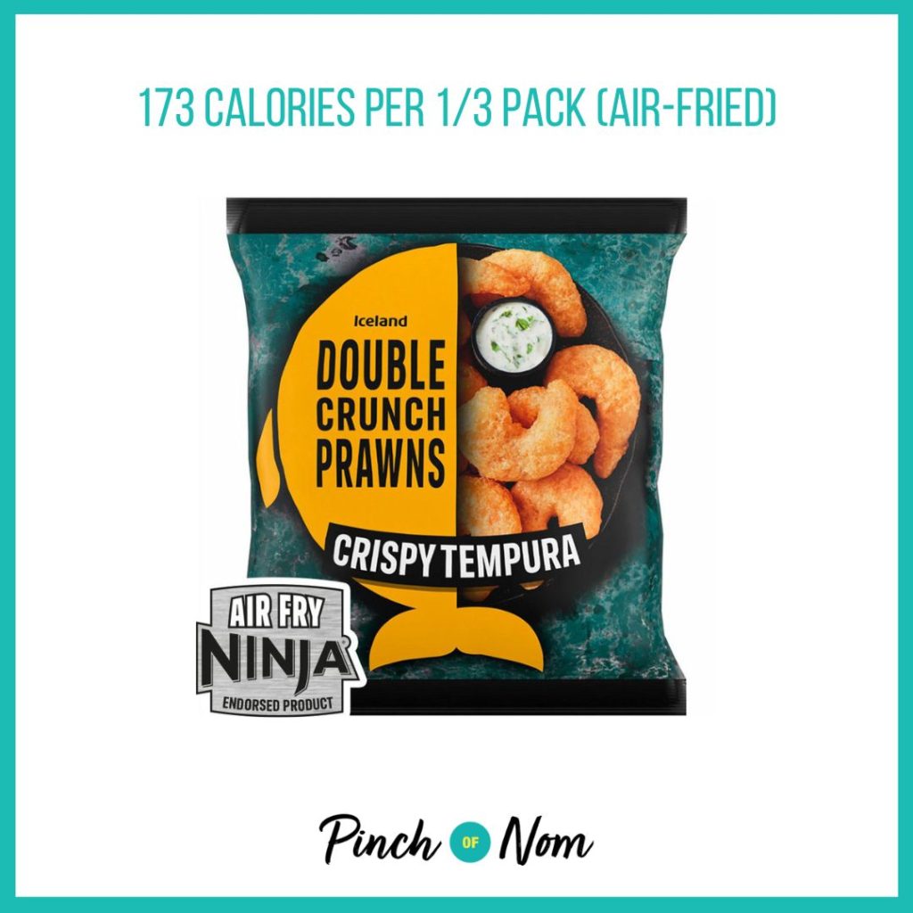 Iceland Double Crunch Prawns Crispy Tempura featured in Pinch of Nom's Weekly Pinch of Shopping with the calorie count printed above (173 calories per 1/3 pack).