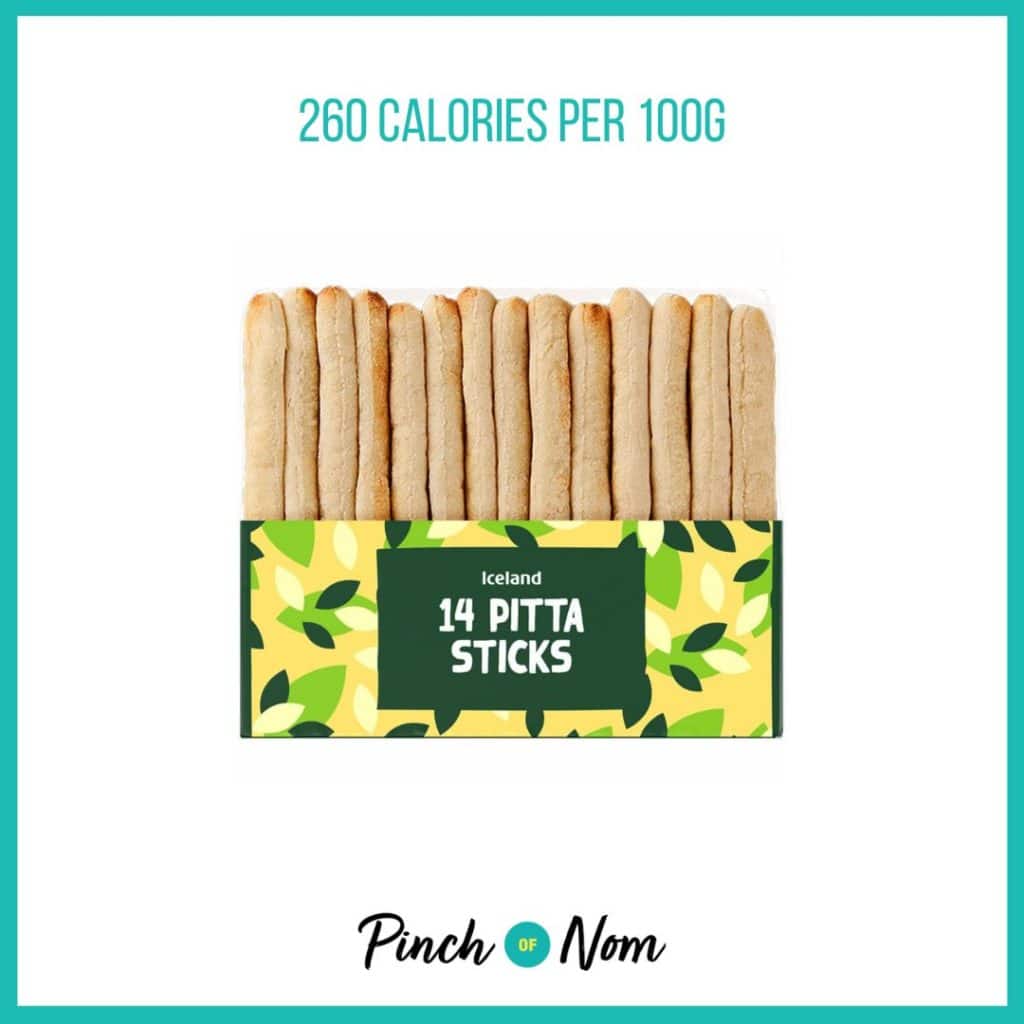 Iceland Pitta Sticks featured in Pinch of Nom's Weekly Pinch of Shopping with the calorie count printed above (260 calories per 100g).