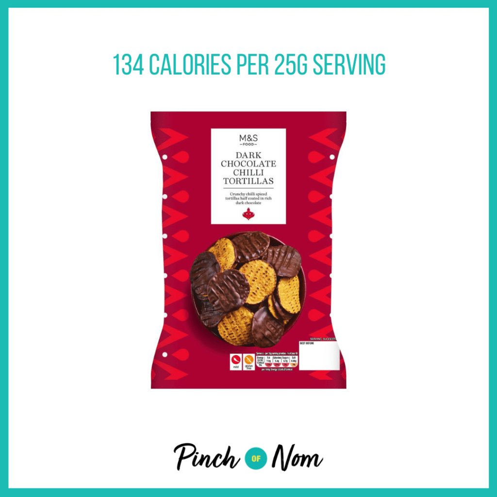 M&S Dark Chocolate Habanero Chilli Tortilla Chips featured in Pinch of Nom's Weekly Pinch of Shopping with the calorie count printed above (134 calories per 25g serving).