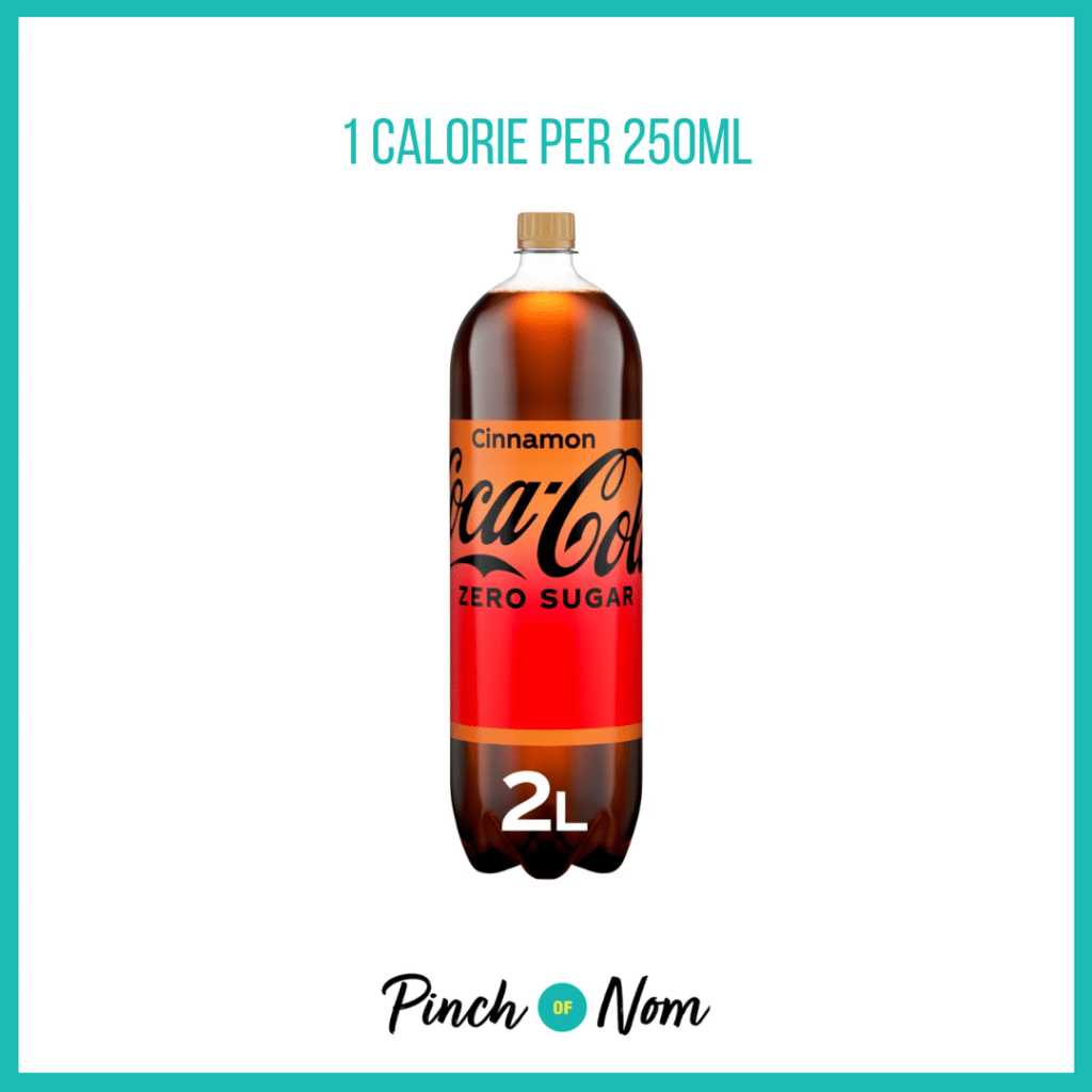 Coca-Cola Zero Sugar Cinnamon featured in Pinch of Nom's Weekly Pinch of Shopping with the calorie count printed above (1 calorie per 250ml).