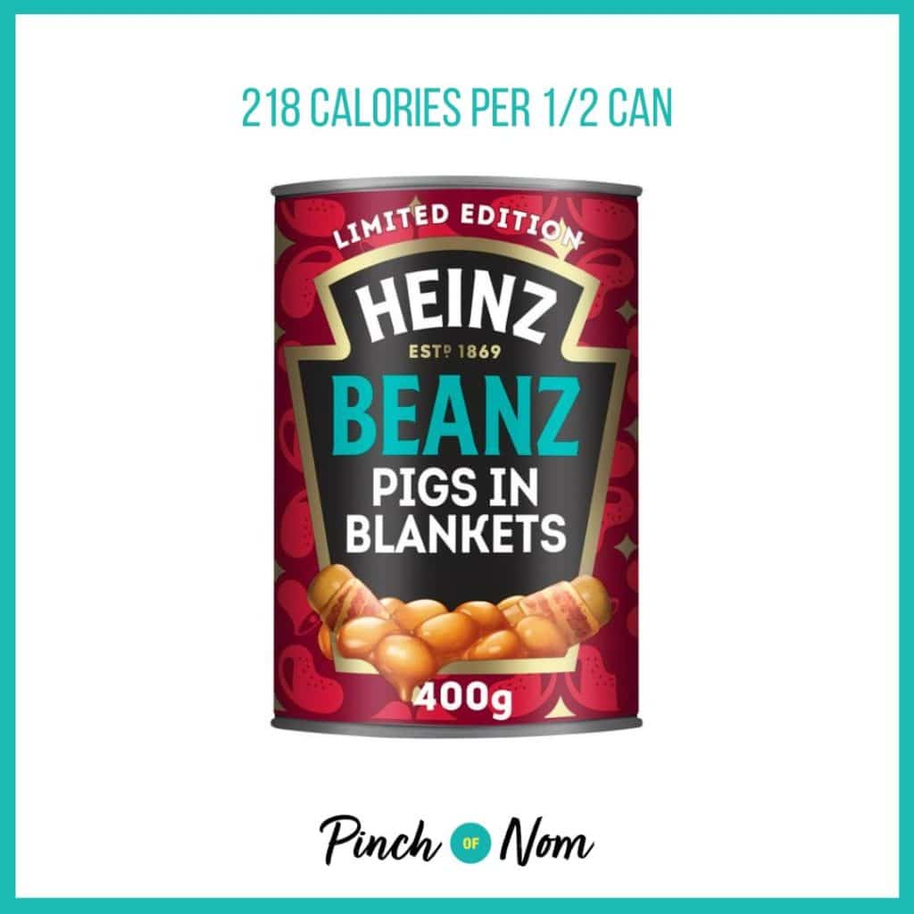 Heinz Beanz Pigs in Blankets with Christmas Seasoning, Limited Edition featured in Pinch of Nom's Weekly Pinch of Shopping with the calorie count printed above (218 calories per 1/2 can).