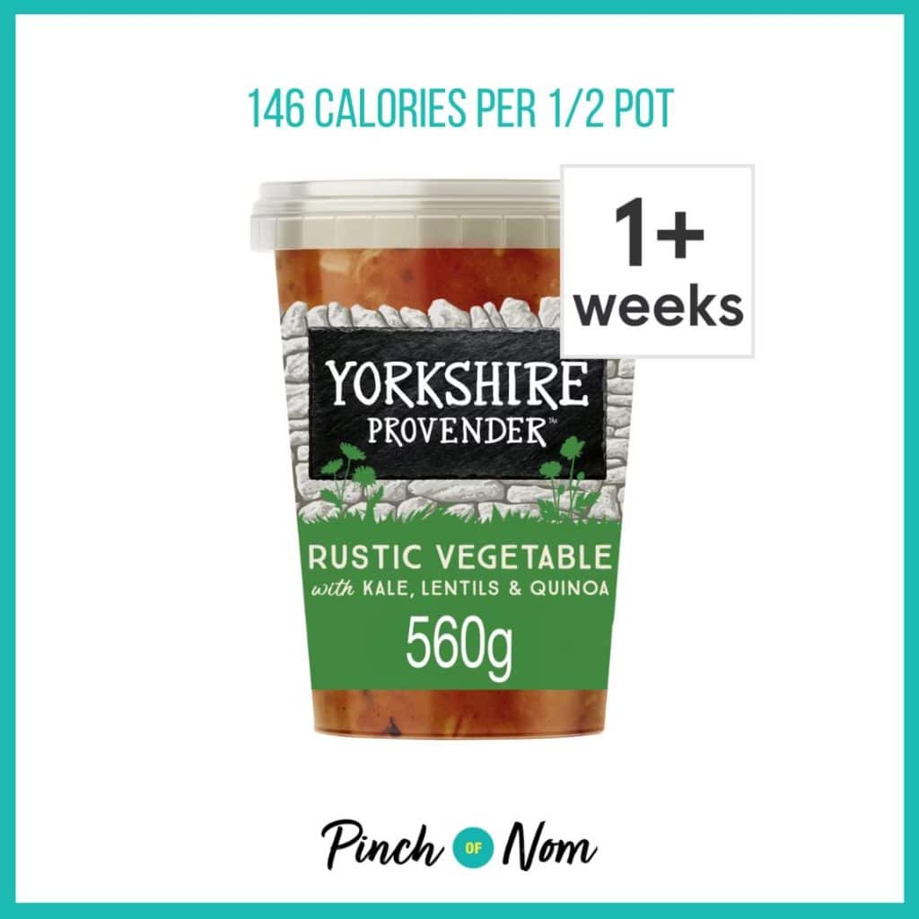 Yorkshire Provender Vegan Rustic Vegetable Soup featured in Pinch of Nom's Weekly Pinch of Shopping with the calorie count printed above (146 calories per 1/2 pot).