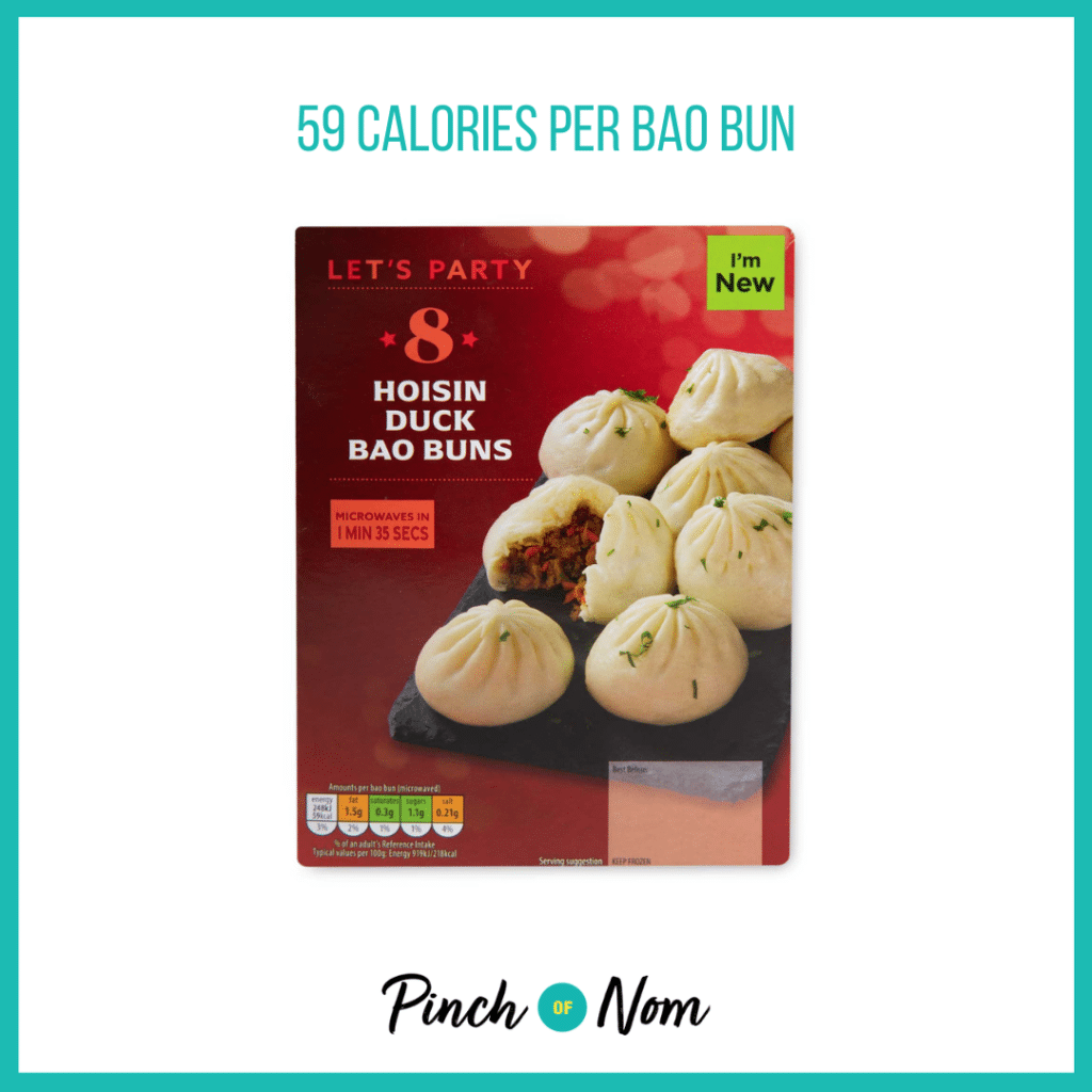 Let's Party Hoisin Duck Bao Buns featured in Pinch of Nom's Weekly Pinch of Shopping with the calorie count printed above (59 calories per bao bun).