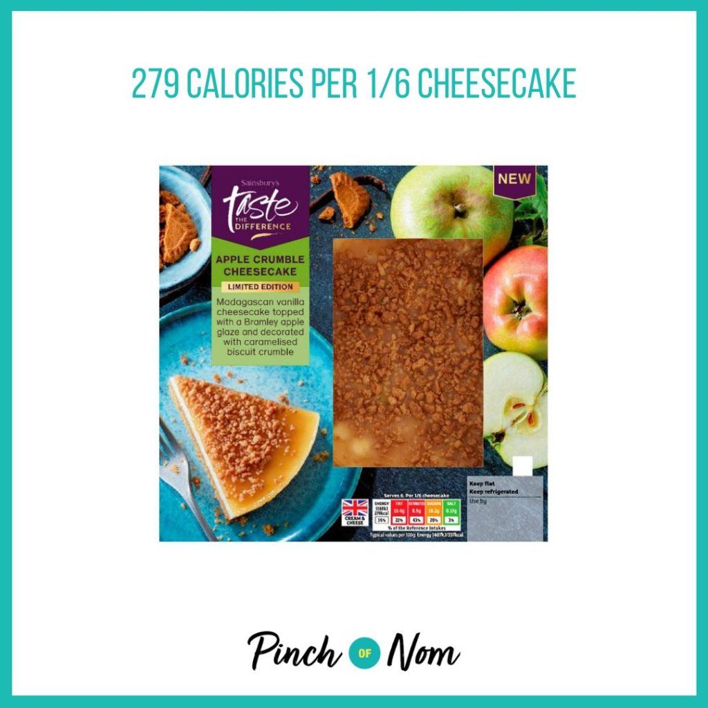 Sainsbury's Apple Crumble Cheesecake featured in Pinch of Nom's Weekly Pinch of Shopping with the calorie count printed above (279 calories per 1/6 cheesecake).