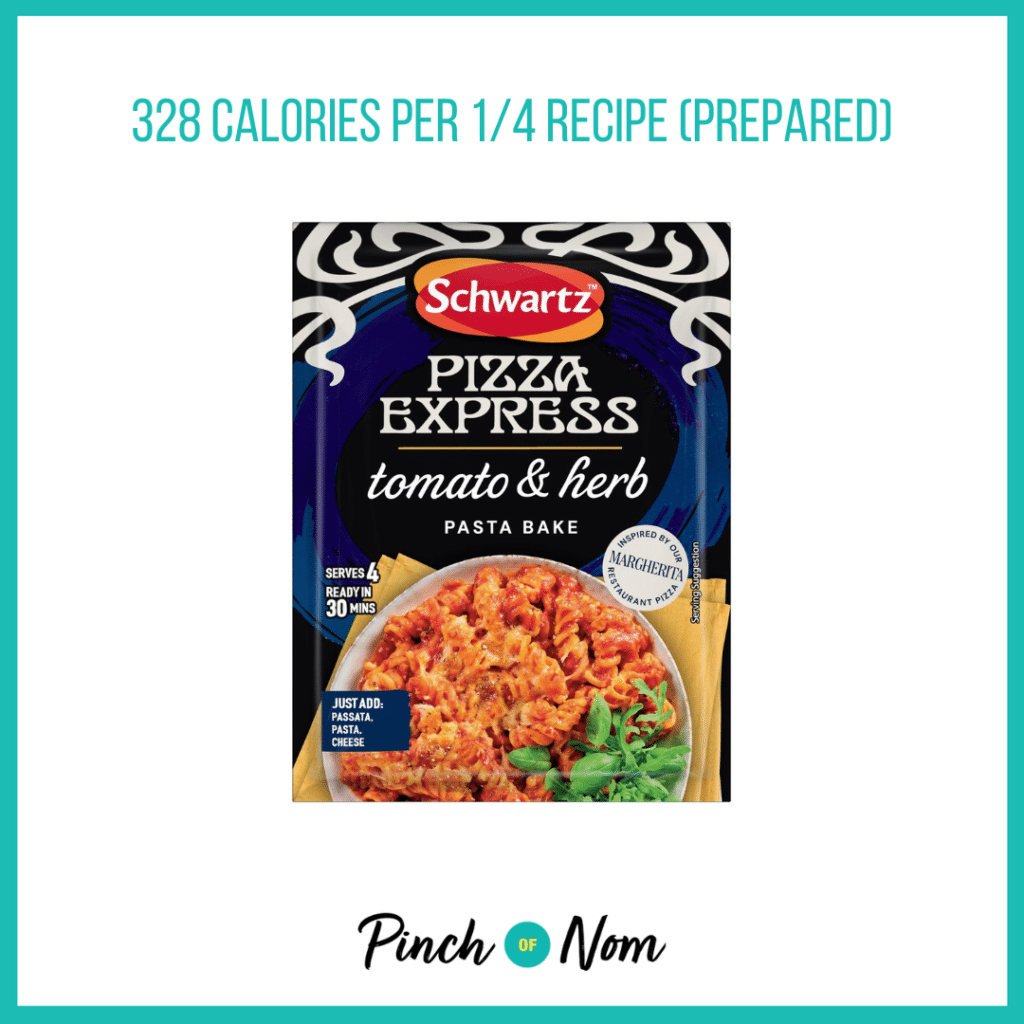 Schwartz x Pizza Express Tomato & Herb Pasta Bake Recipe Mix featured in Pinch of Nom's Weekly Pinch of Shopping with the calorie count printed above (328 calories per 1/4 recipe (prepared)).