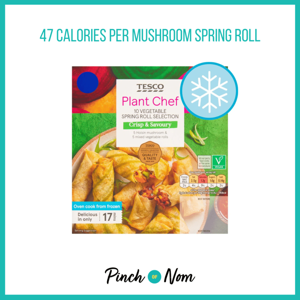 Tesco Plant Chef Vegetable Spring Roll Selection featured in Pinch of Nom's Weekly Pinch of Shopping with the calorie count printed above (47 calories per mushroom spring roll).