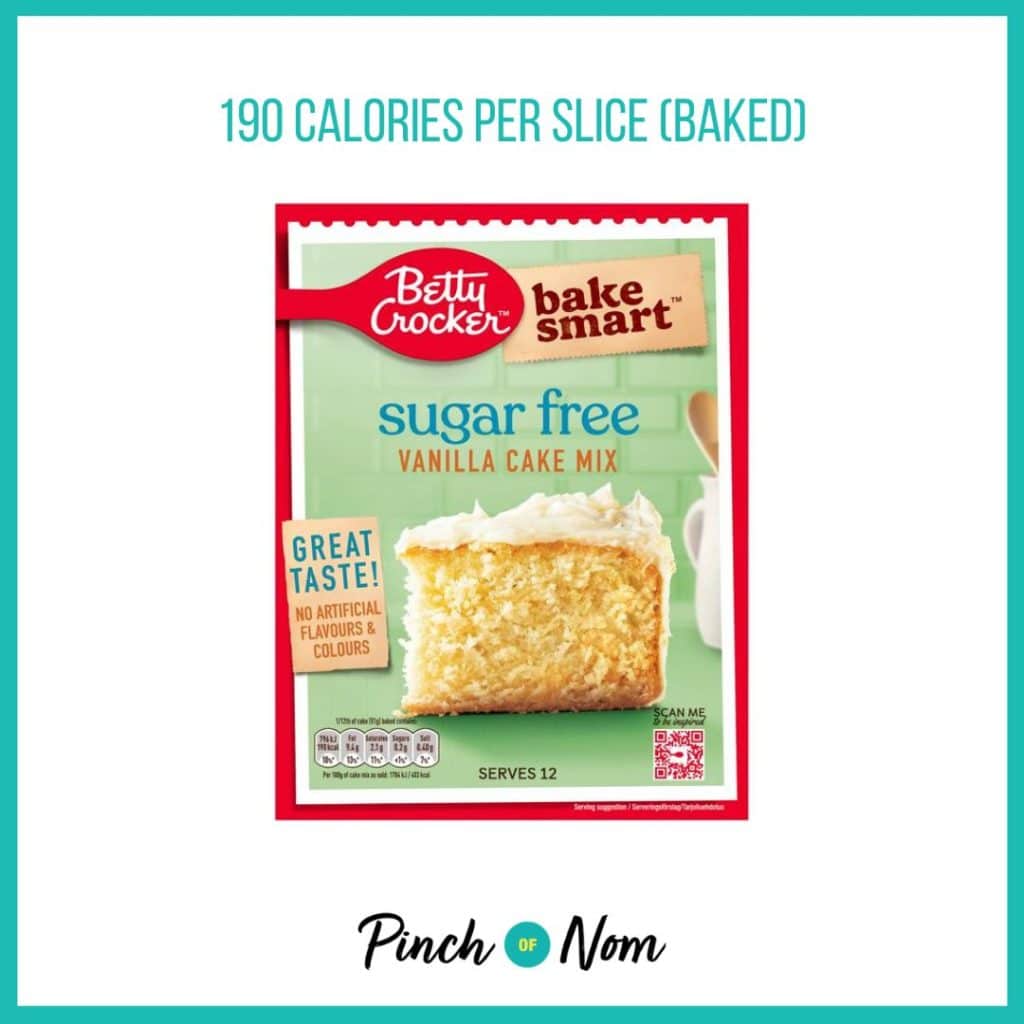 Betty Crocker Bake Smart Sugar Free Vanilla Cake Mix featured in Pinch of Nom's Weekly Pinch of Shopping with the calorie count printed above (190 calories per slice).