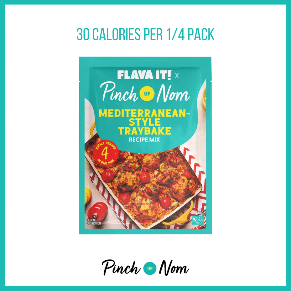 Pinch of Nom Mediterranean Style Traybake Recipe Mix featured in Pinch of Nom's Weekly Pinch of Shopping with the calorie count printed above (30 calories per 1/4 pack).