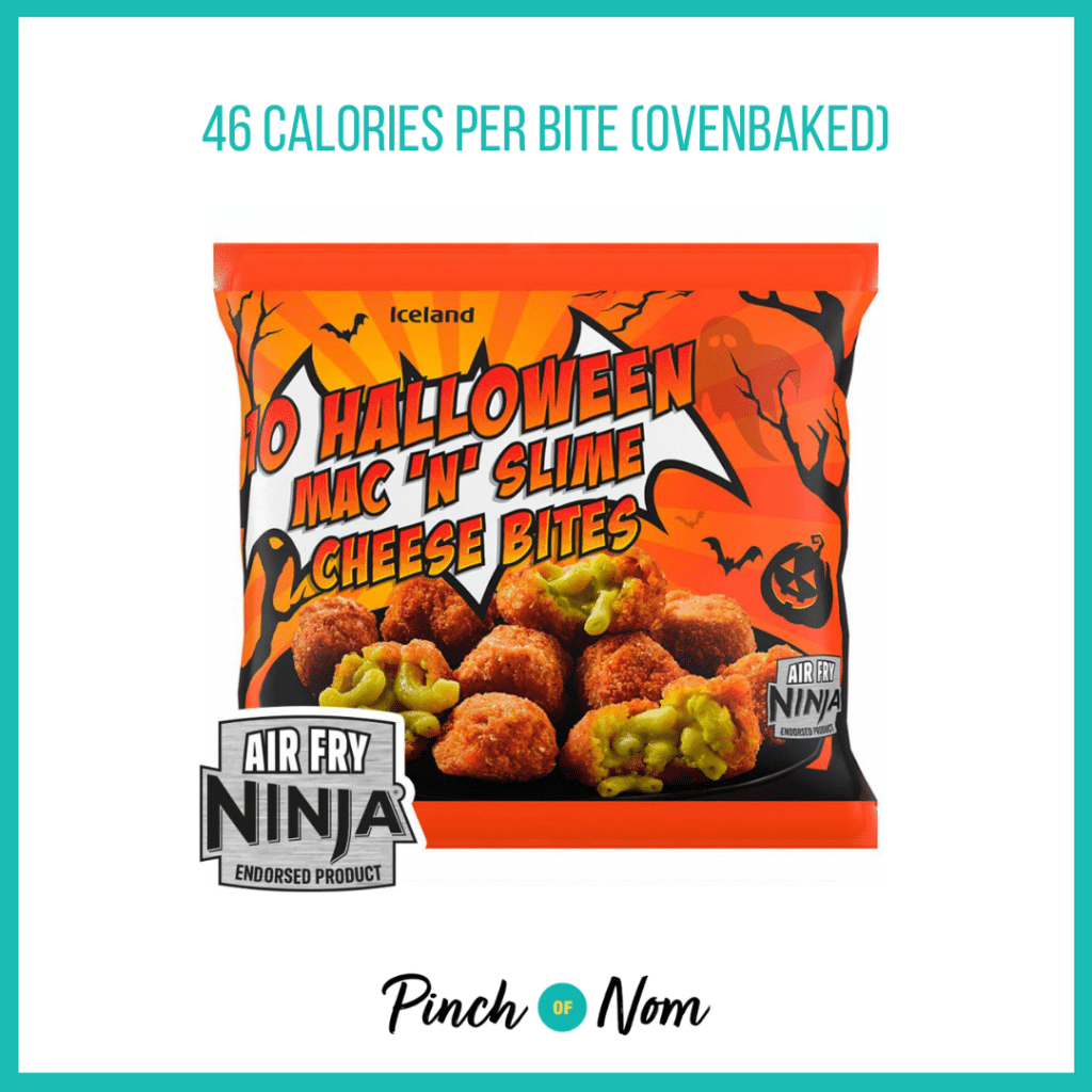 Halloween Mac 'N' Slime Cheese Bites featured in Pinch of Nom's Weekly Pinch of Shopping with the calorie count printed above (46 calories per bite (ovenbaked).