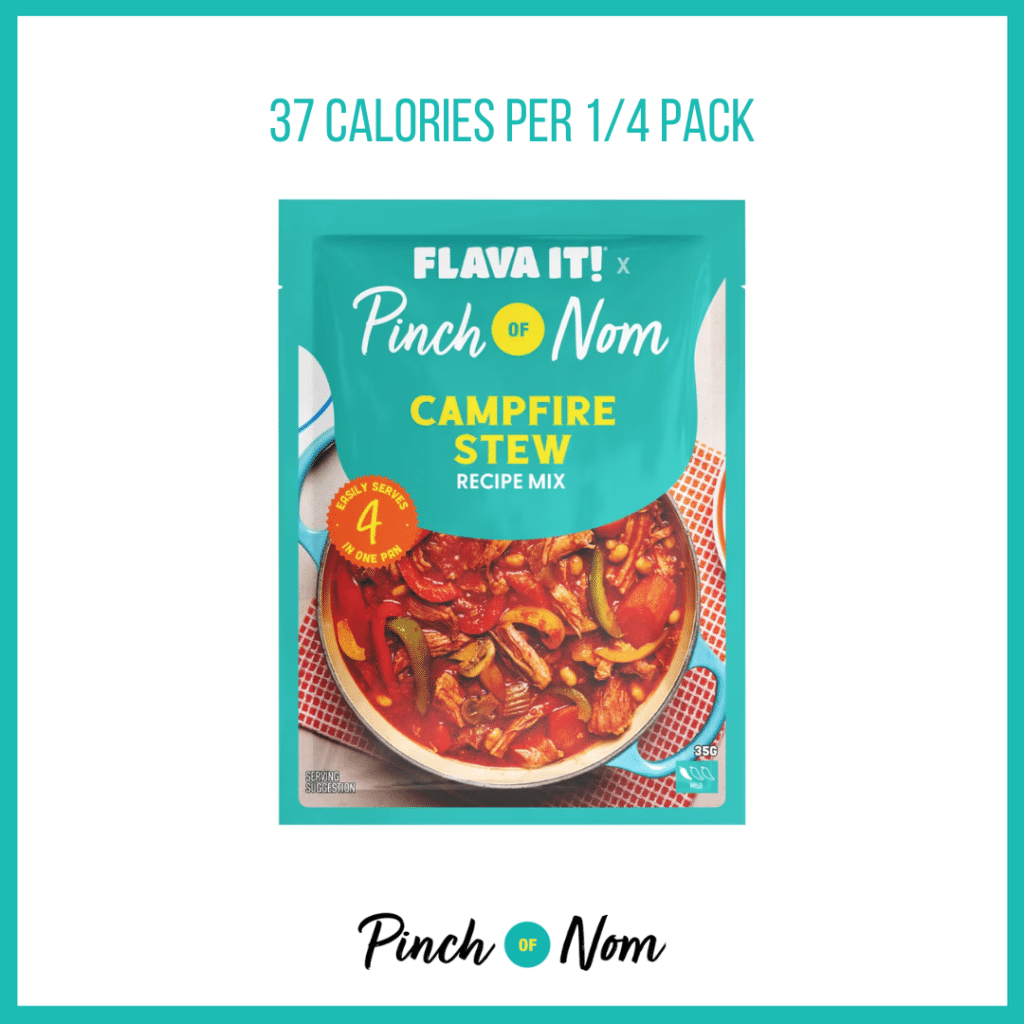 Pinch of Nom Campfire Stew Recipe Mix featured in Pinch of Nom's Weekly Pinch of Shopping with the calorie count printed above (37 calories per 1/4 pack).