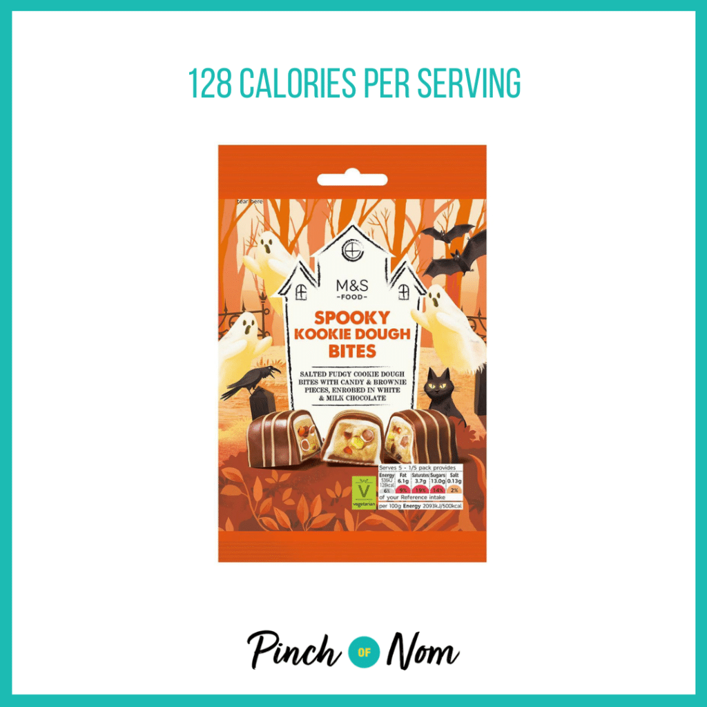 M&S Spooky Kookie Dough Bites featured in Pinch of Nom's Weekly Pinch of Shopping with the calorie count printed above (128 calories per serving).