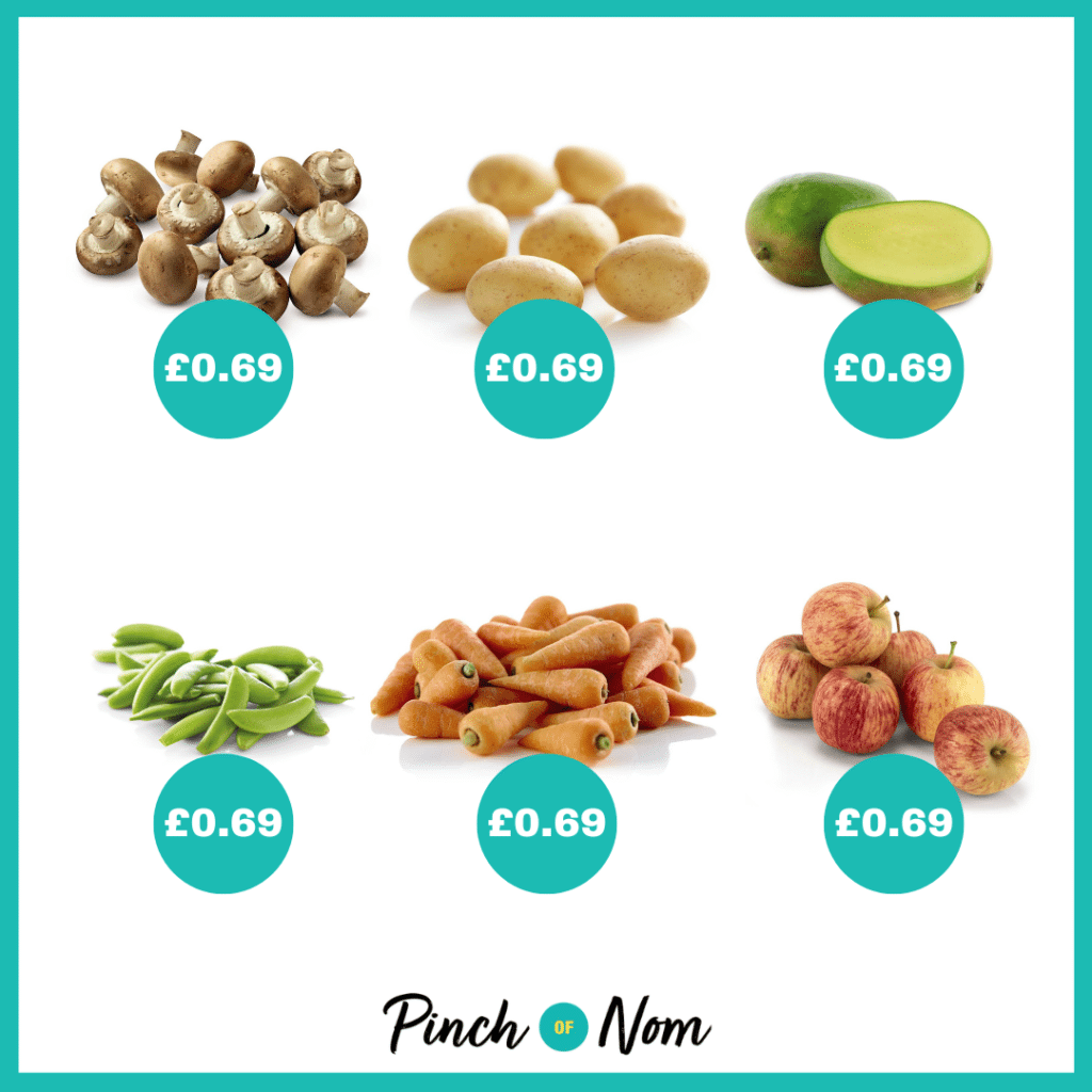 The fruit and veg selection from Aldi's Super 6, alongside their prices, featured in Pinch of Nom's Weekly Pinch of Shopping.