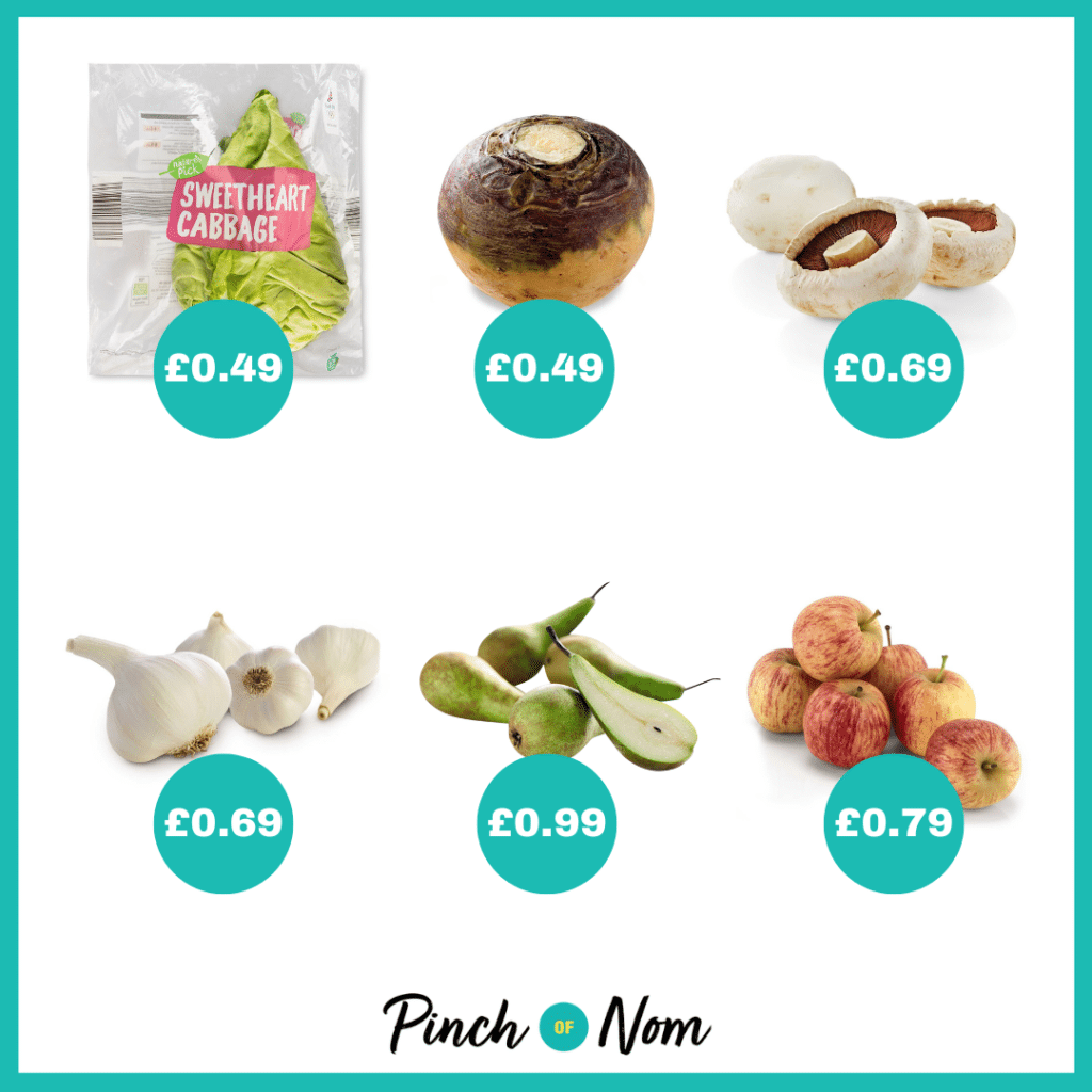 The fruit and veg selection from Aldi's Super 6, alongside their prices, featured in Pinch of Nom's Weekly Pinch of Shopping.