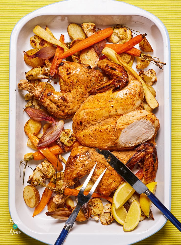 Tandoori-Style Whole Chicken with Cumin Roasted Vegetables - Pinch of Nom Slimming Recipes