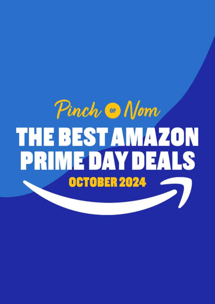 The words 'The Best Amazon Prime Day Deals October 2024' are in bold against a bright blue background beneath the Pinch of Nom logo.