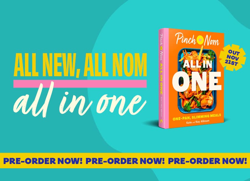 A banner advertising Pinch of Nom: All in One features an image of the book with its colourful front cover, and the strapline 'ALL NEW, ALL NOM, all in one' in bold letter against a colourful background. A banner runs across the bottom that repeats the exclamation, 'PRE-ORDER NOW!'.