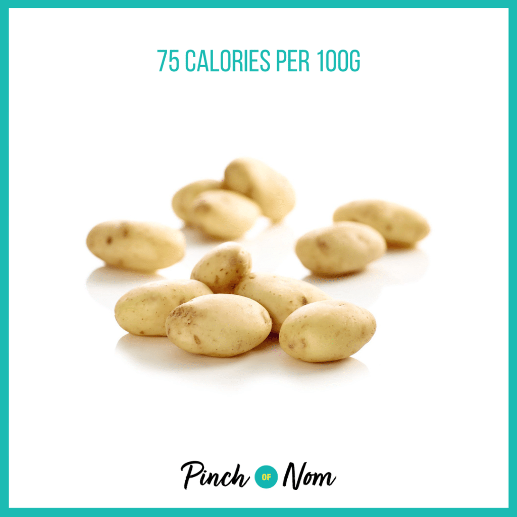 Baby Potatoes from Aldi's Super 6 selection, featured in Pinch of Nom's Weekly Pinch of Shopping with calories above (75 calories per 100g).