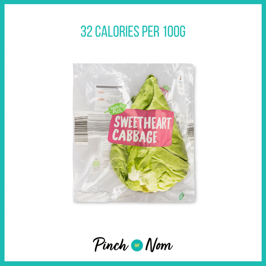 Sweetheart Cabbage from Aldi's Super 6 selection, featured in Pinch of Nom's Weekly Pinch of Shopping with calories above (32 calories per 100g).