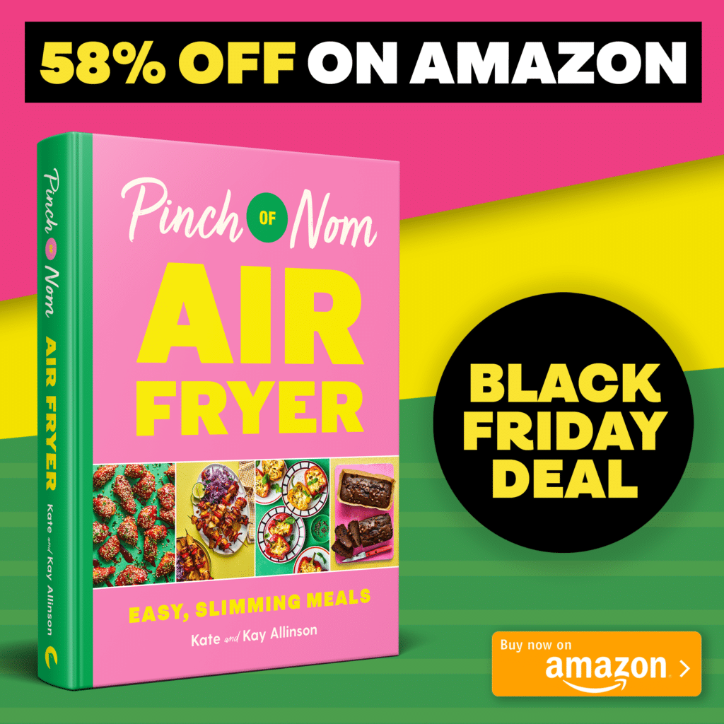 '58% OFF ON AMAZON' is in bold letters above an image of Pinch of Nom's Air Fryer cookbook. 'BLACK FRIDAY DEAL' is in a roundel.