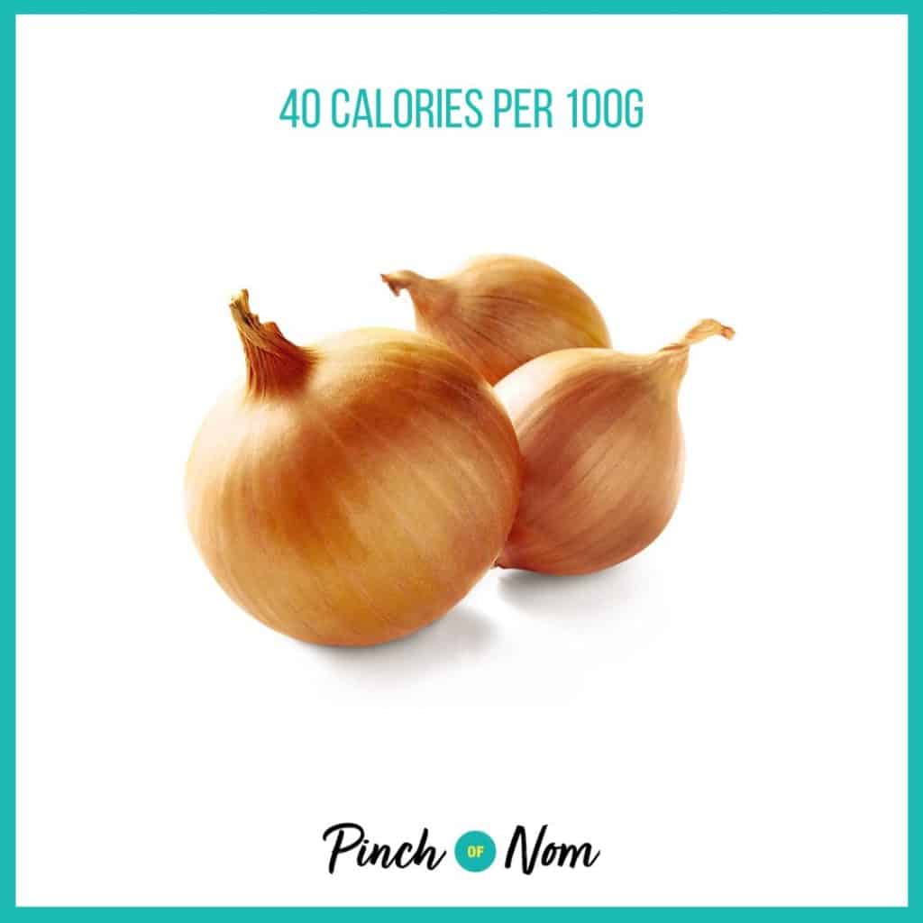 Brown Onions from Aldi's Super 6 selection, featured in Pinch of Nom's Weekly Pinch of Shopping with calories above (40 calories per 100g).