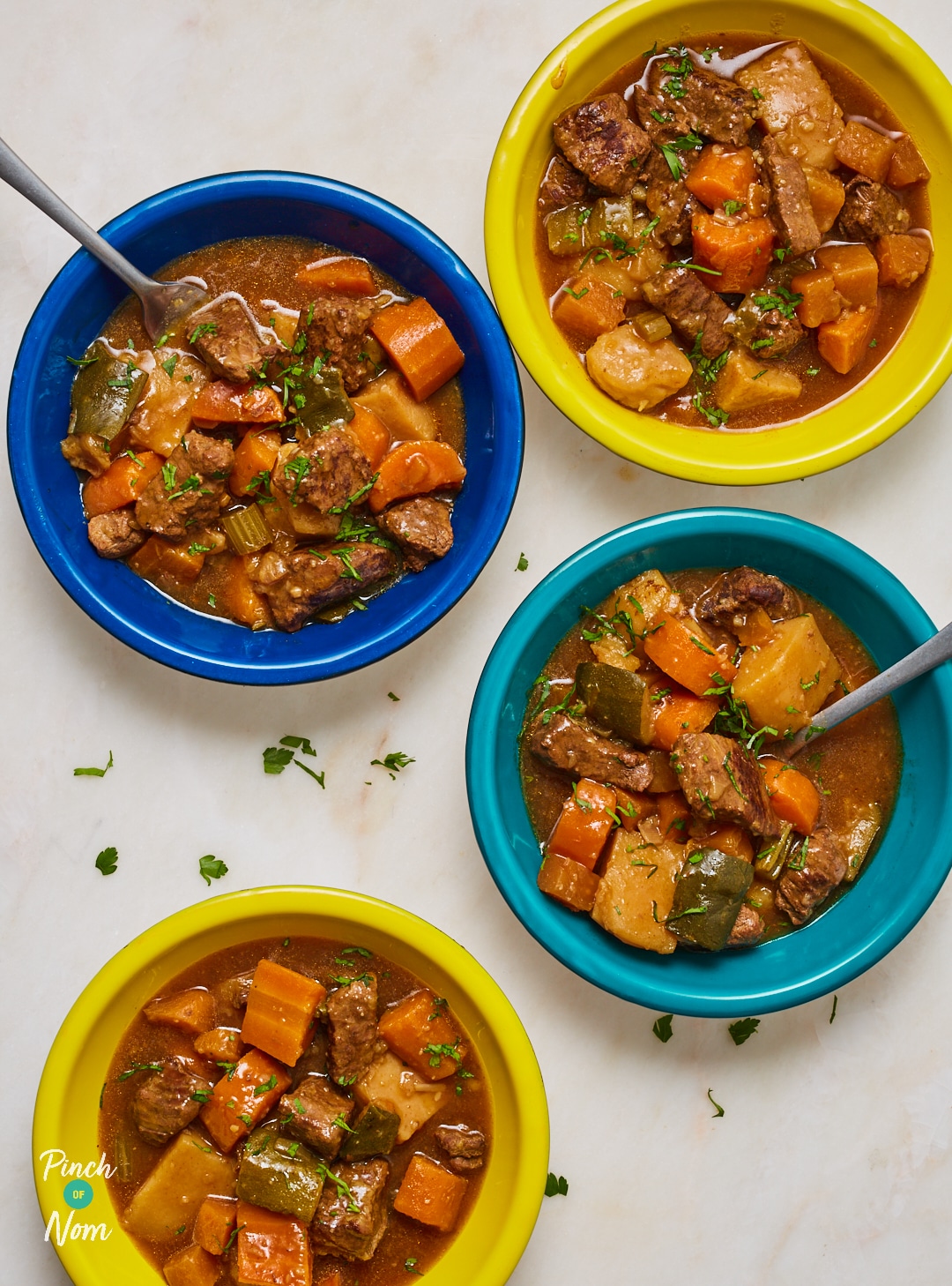 A close up photograph of a serving of Pinch of Nom’s slimming-friendly Beef Stew recipe.