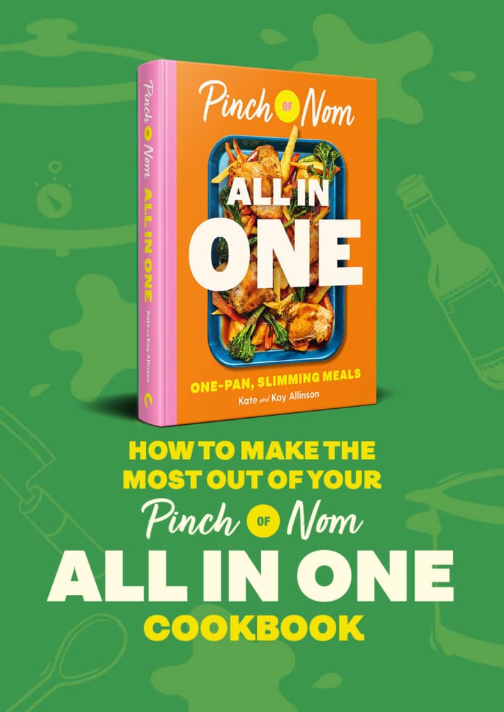 Underneath an image of the book, the words 'How to make the most out of your Pinch of Nom All in One Cookbook' stand out in a bold font on a green background. 