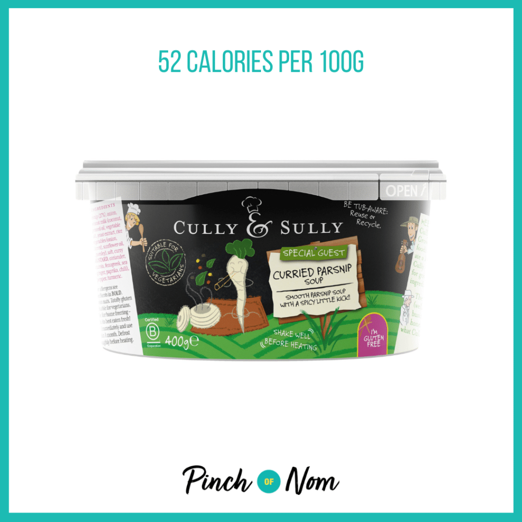 Cully & Sully Curried Parsnip Soup featured in Pinch of Nom's Weekly Pinch of Shopping with the calorie count printed above (52 calories per 100g).