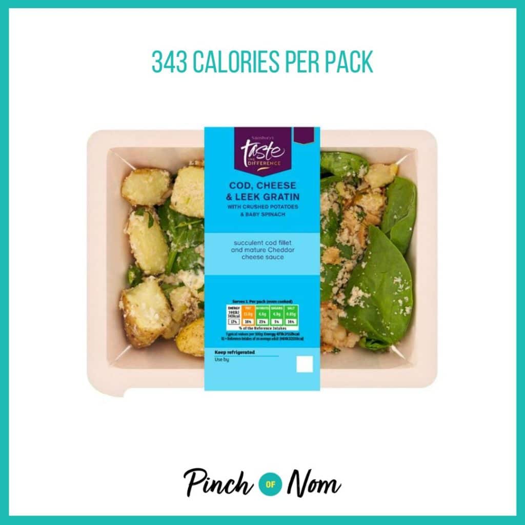 Sainsbury's Cod, Cheese & Leek Gratin with Crushed Potatoes & Baby Spinach featured in Pinch of Nom's Weekly Pinch of Shopping with the calorie count printed above (343 calories per pack).