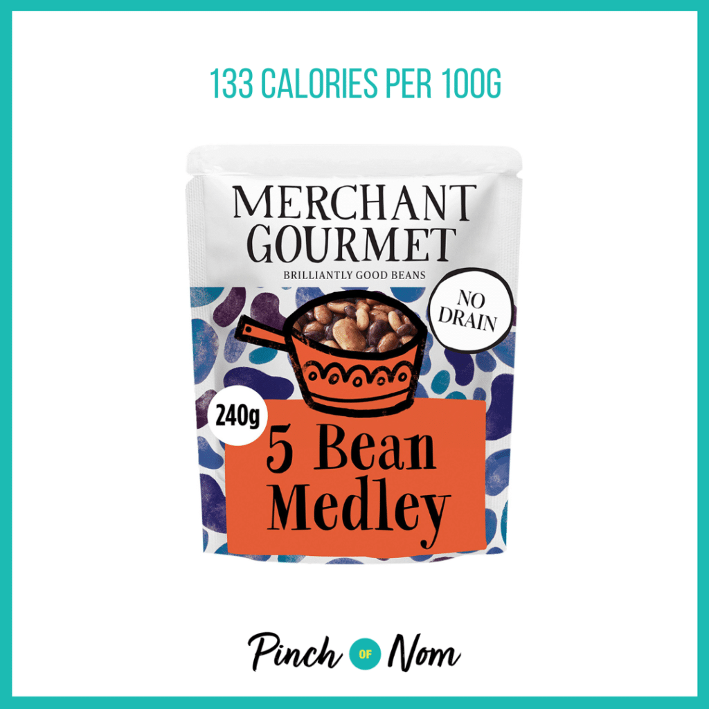 Merchant Gourmet Bean Medley featured in Pinch of Nom's Weekly Pinch of Shopping with the calorie count printed above (133 calories per 100g).