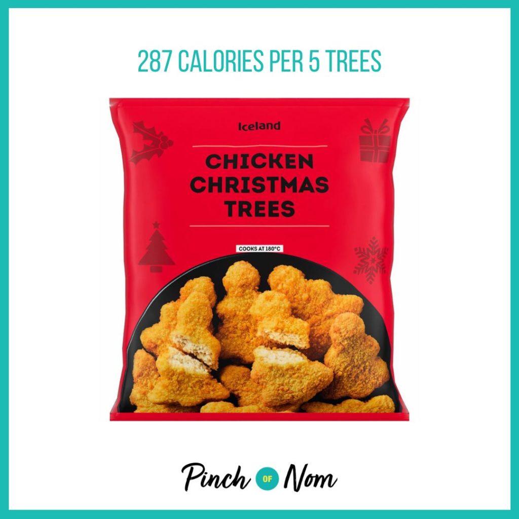 Iceland Chicken Christmas Trees featured in Pinch of Nom's Weekly Pinch of Shopping with the calorie count printed above (287 calories per 5 trees).