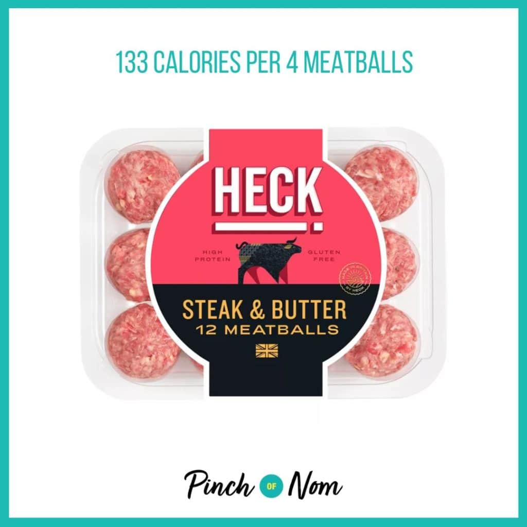 HECK Steak & Butter Meatballs featured in Pinch of Nom's Weekly Pinch of Shopping with the calorie count printed above (133 calories per 4 meatballs).