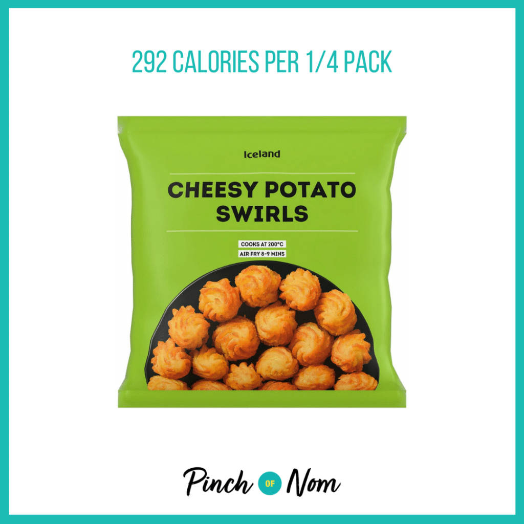 Iceland Cheesy Potato Swirls featured in Pinch of Nom's Weekly Pinch of Shopping with the calorie count printed above (292 calories per 1/4 pack).