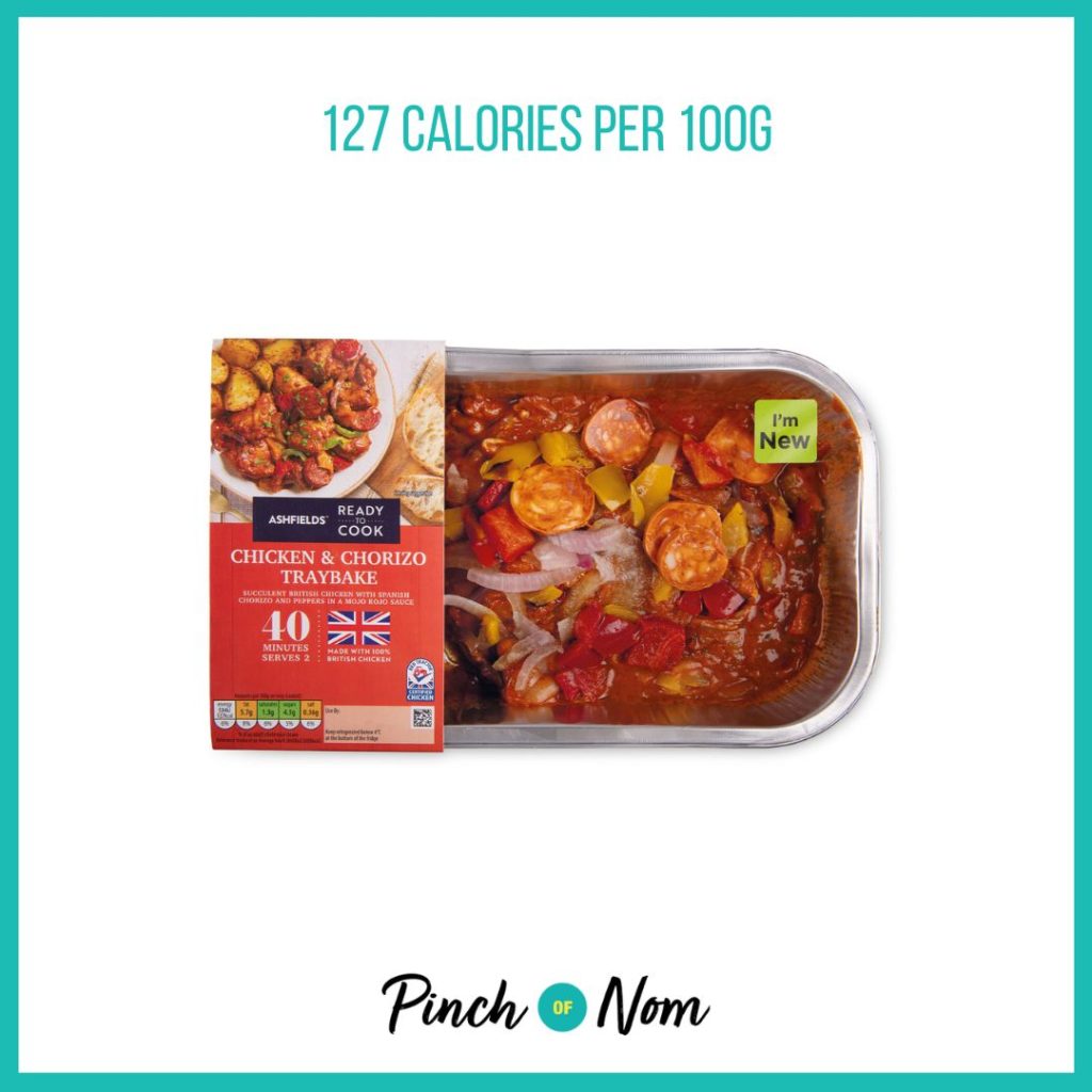 Ashfields Ready To Cook Spanish Inspired Chicken & Chorizo Traybake featured in Pinch of Nom's Weekly Pinch of Shopping with the calorie count printed above (127 calories per 100g).