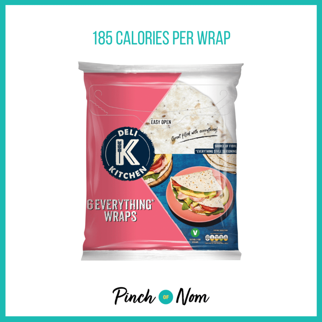 Deli Kitchen Everything Wraps featured in Pinch of Nom's Weekly Pinch of Shopping with the calorie count printed above (185 calories per wrap).