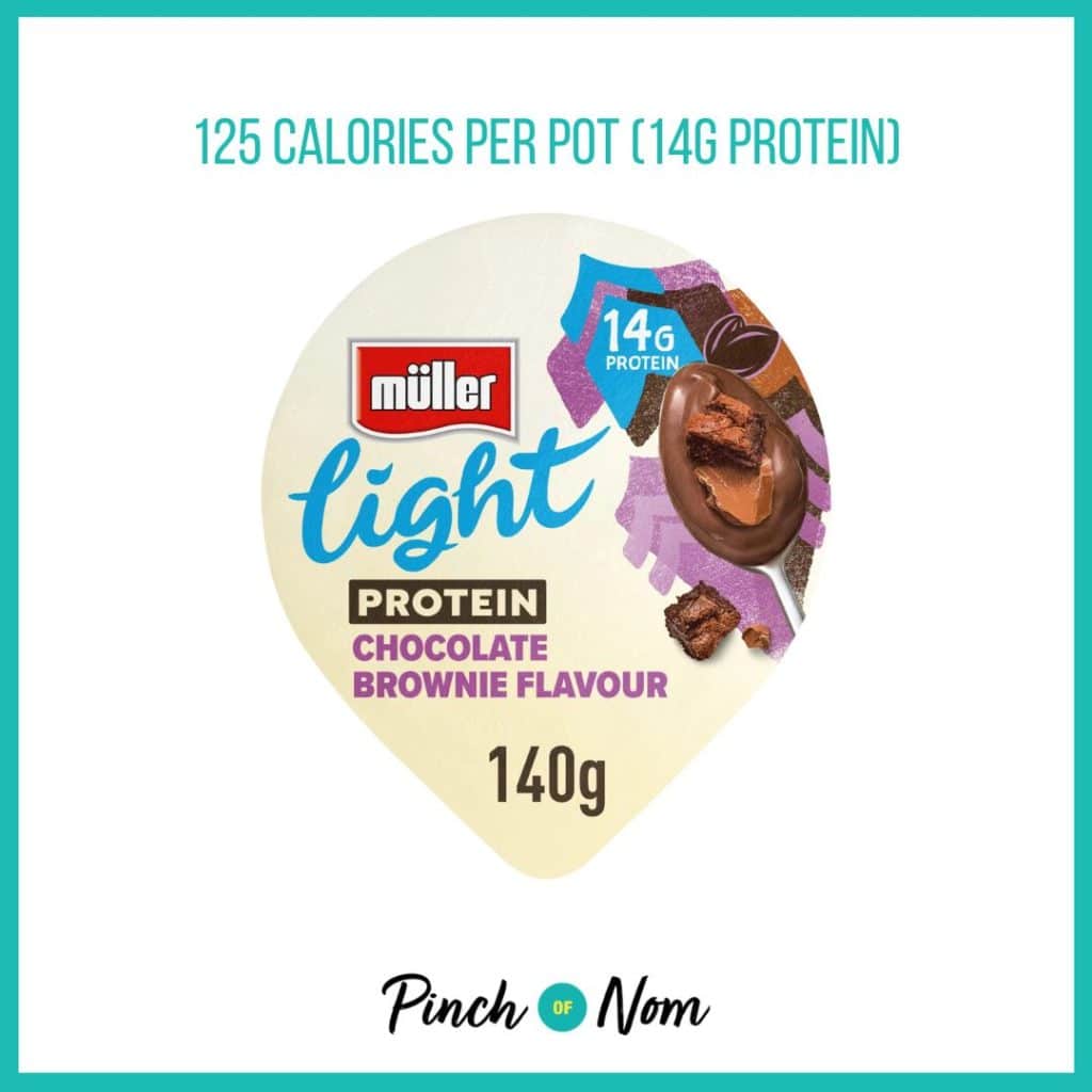 Muller Light Protein Pudding Chocolate Brownie featured in Pinch of Nom's Weekly Pinch of Shopping with the calorie count printed above (125 calories per pot).