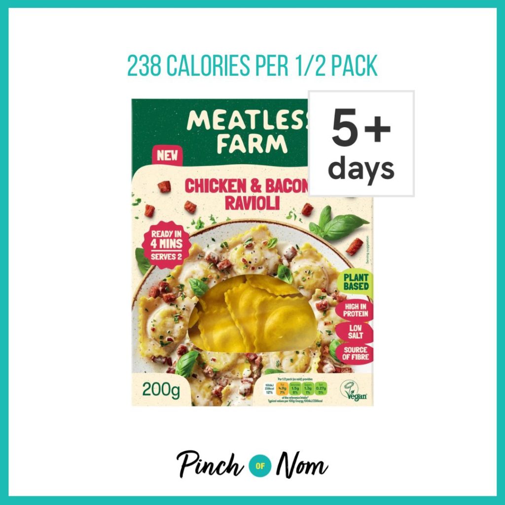 Meatless Farm Chicken & Bacon Style Ravioli featured in Pinch of Nom's Weekly Pinch of Shopping with the calorie count printed above (238 calories per 1/2 pack).