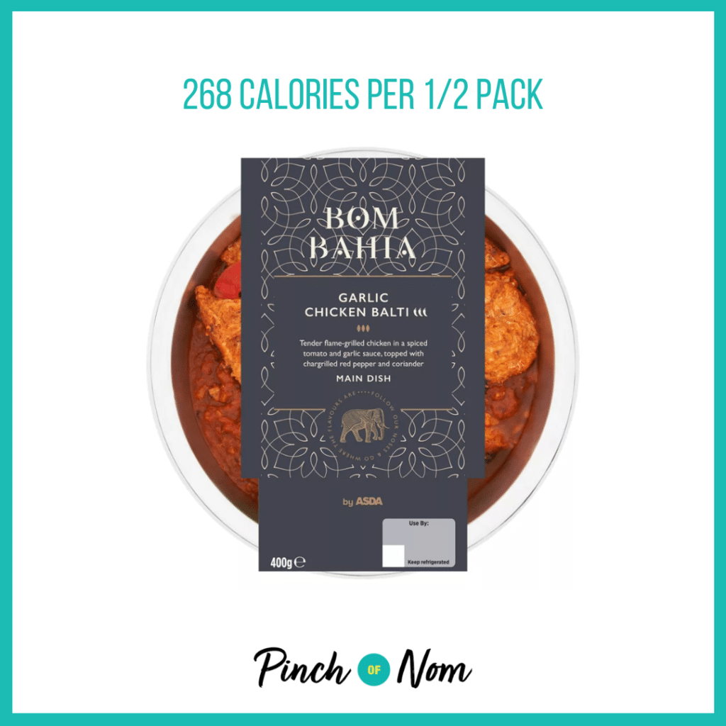 ASDA Bom Bahia Garlic Chicken Balti featured in Pinch of Nom's Weekly Pinch of Shopping with the calorie count printed above (268 calories per 1/2 pack).