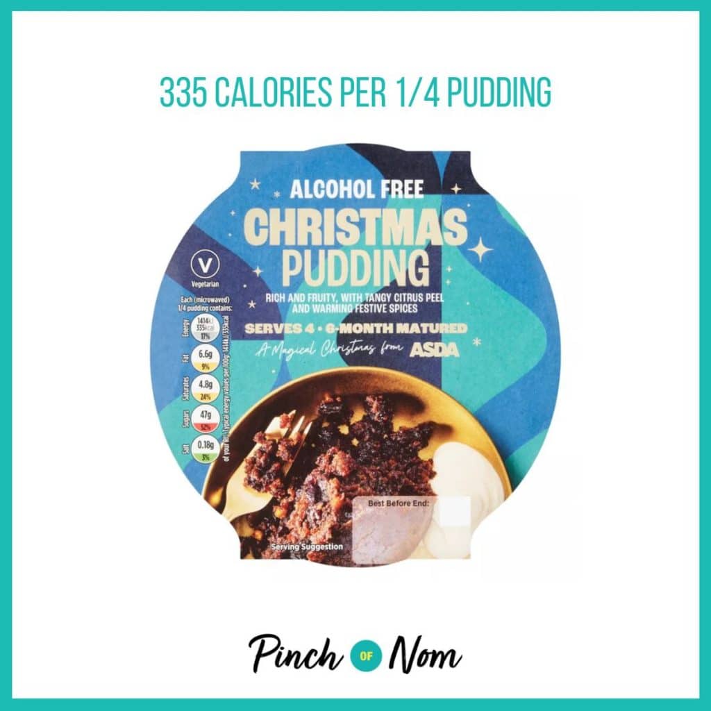 ASDA Alcohol Free Christmas Pudding featured in Pinch of Nom's Weekly Pinch of Shopping with the calorie count printed above (335 calories per 1/4 pudding).